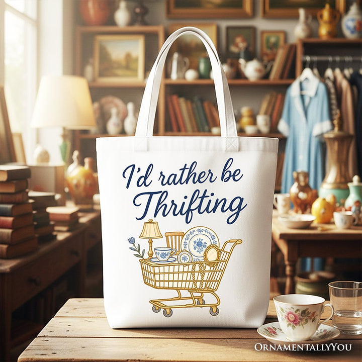 I’d Rather Be Thrifting Canvas Tote Bag, Vintage Thrift Shop Lover Gift Shopper Tote Bag OrnamentallyYou White 