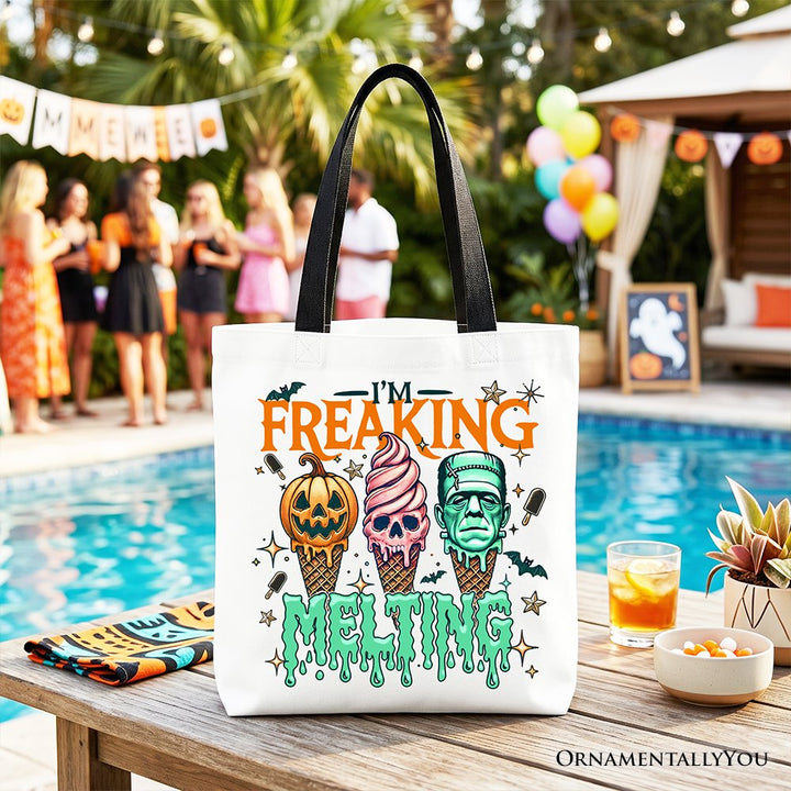 I’m Freaking Melting Frankenstein Tote Bag, Funny Ice Cream Halloween Gift Shopper for Summer Spooky Season Tote Bag OrnamentallyYou Black Handle 