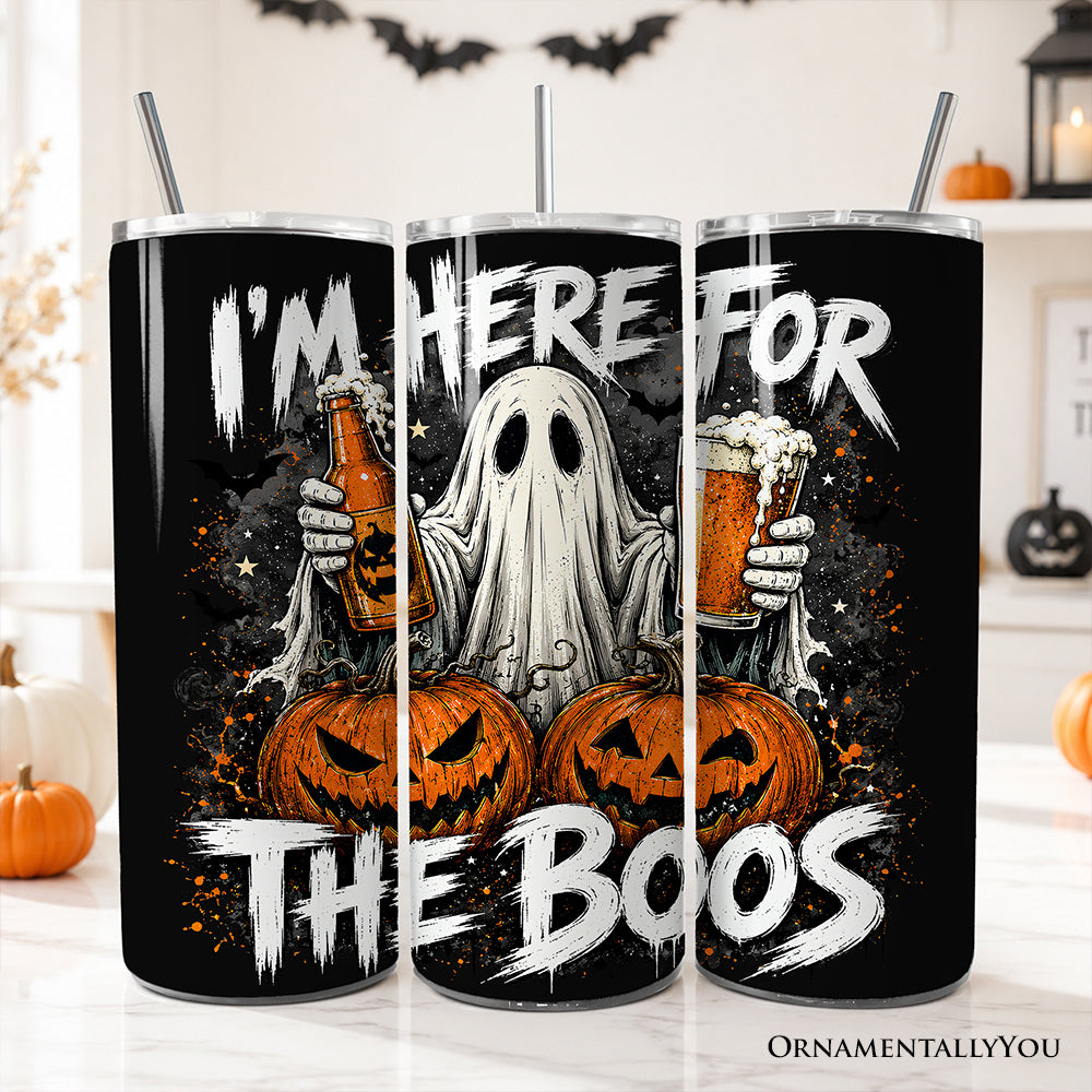 I'm Here for the Boos Ghost 20oz Personalized Tumbler With Lid and Stainless Steel Straw, Funny Halloween Beer Pumpkin Gift Cup