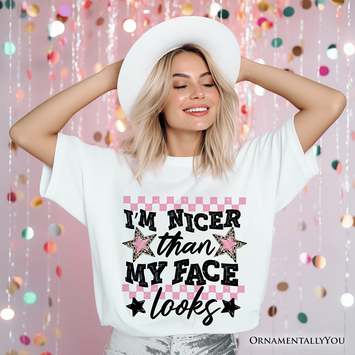 I’m Nicer Than My Face Looks Sarcastic T-Shirt, Relatable Checkered Tee