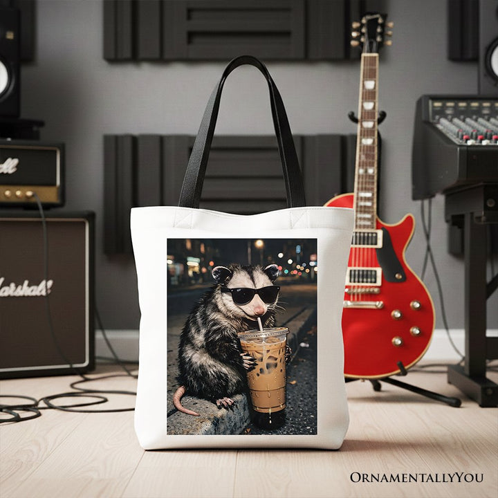 Iced Coffee Opossum Tote Bag, Funny Animal Meme Gift Shopper Tote Bag OrnamentallyYou Black Handle 