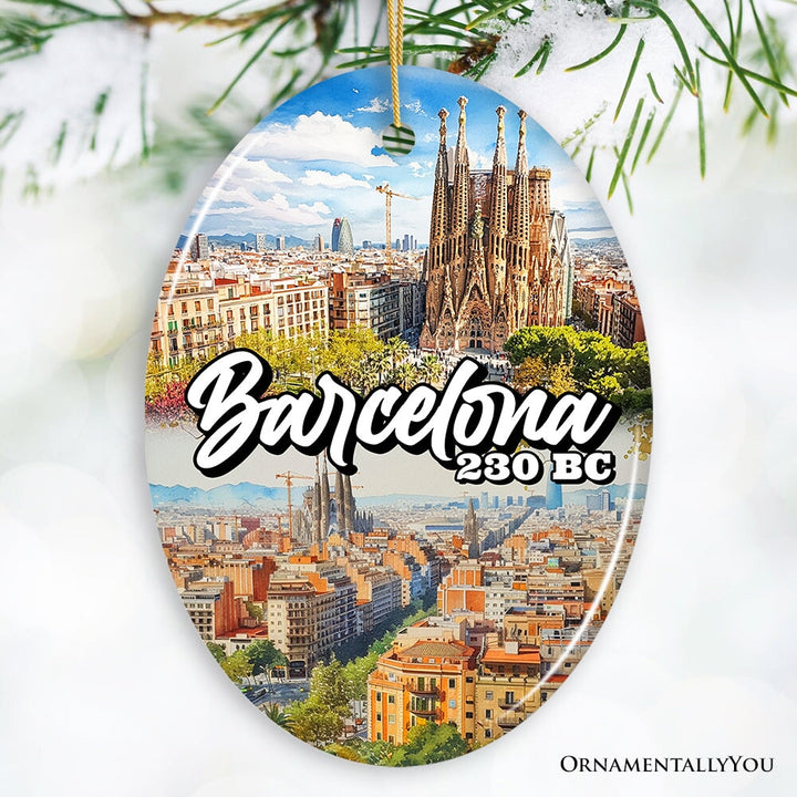 Illustrated Barcelona Landmarks Ceramic Ornament, Spain Travel Souvenir and Christmas Gift Ceramic Ornament OrnamentallyYou Oval 