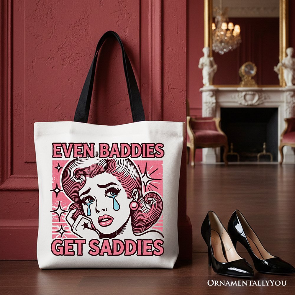 Even Baddies Get Saddies Tote Bag, Retro Crying Girl Pop Art for Stylish and Emotional Women Tote Bag OrnamentallyYou Black Handle 