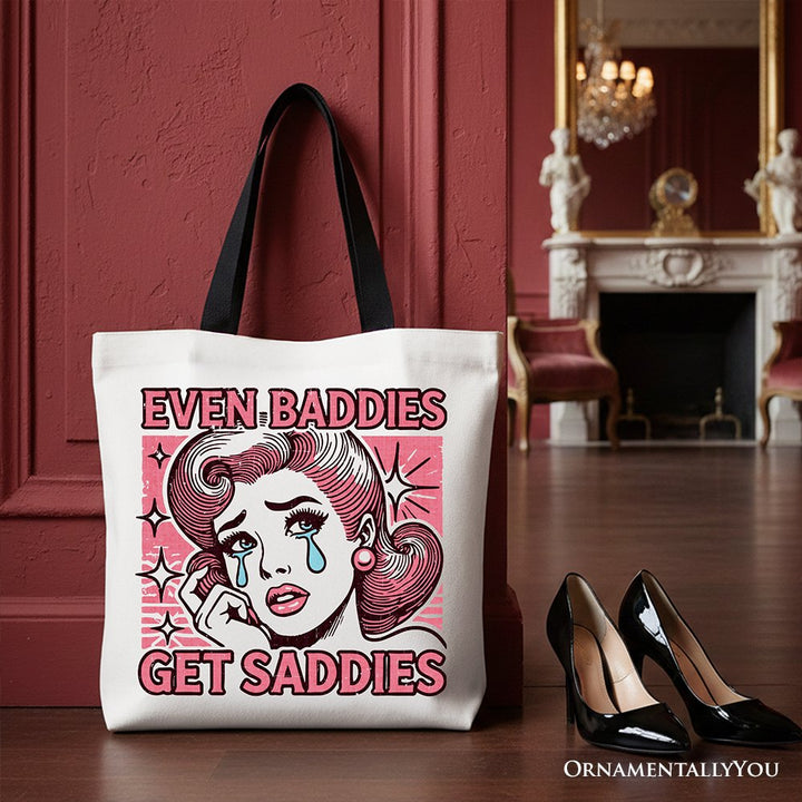Even Baddies Get Saddies Tote Bag, Retro Crying Girl Pop Art for Stylish and Emotional Women Tote Bag OrnamentallyYou Black Handle 