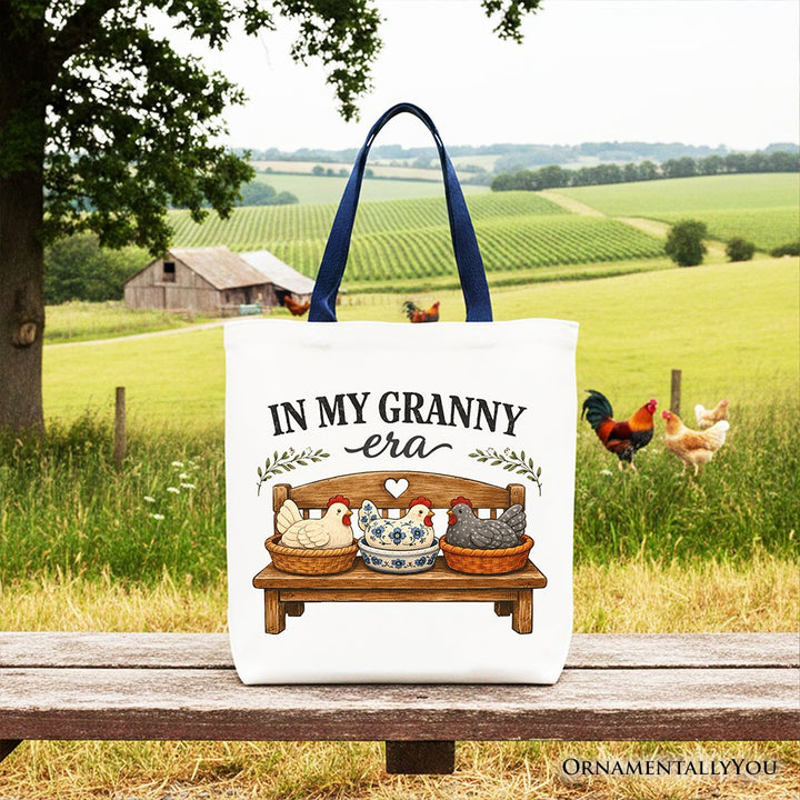 In My Granny Era Chicken Vintage Tote Bag, Cozy Farmhouse Country Grandma Gift Shopper Tote Bag OrnamentallyYou Navy Handle 