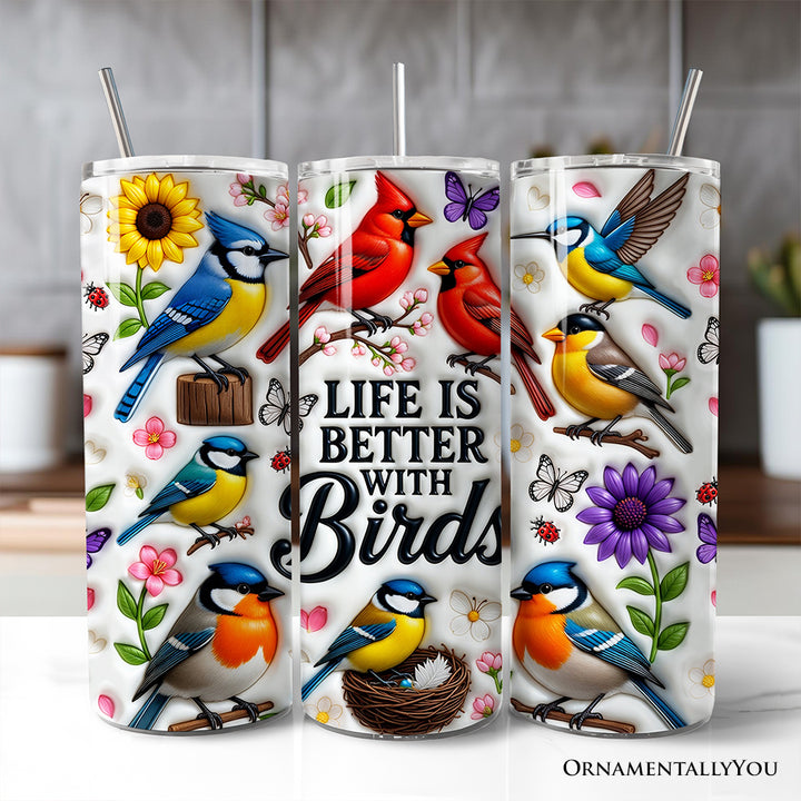 Inflated Life Is Better With Birds 20oz Personalized Tumbler With Lid and Stainless Steel Straw, Colorful Birdwatcher Gift Cup