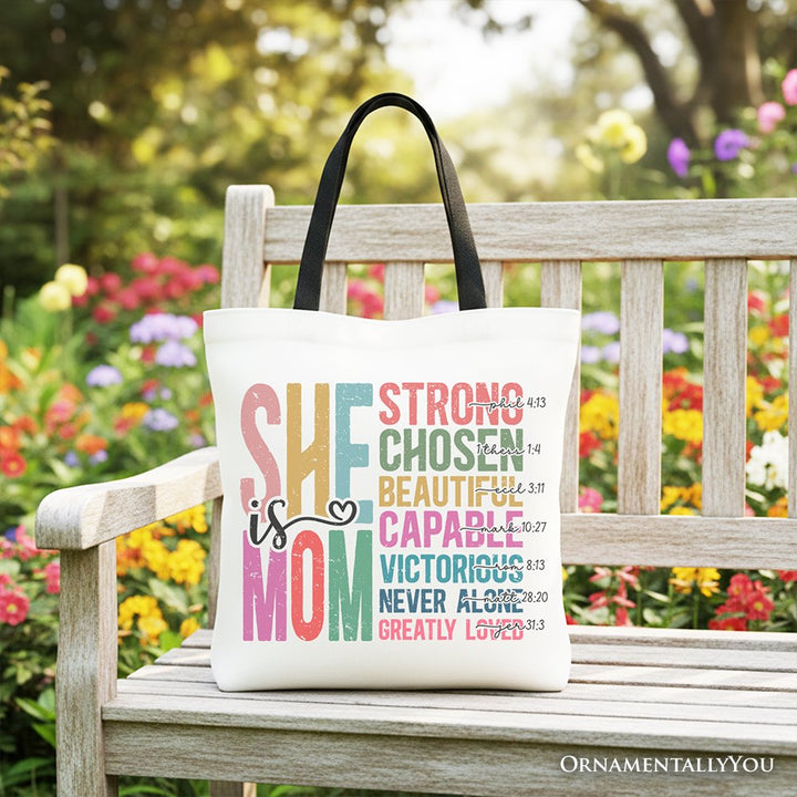Inspirational Christian Mom Canvas Tote Bag, Affirmation Gift Shopper for Strong and Motivated Mothers Tote Bag OrnamentallyYou Black Handle 