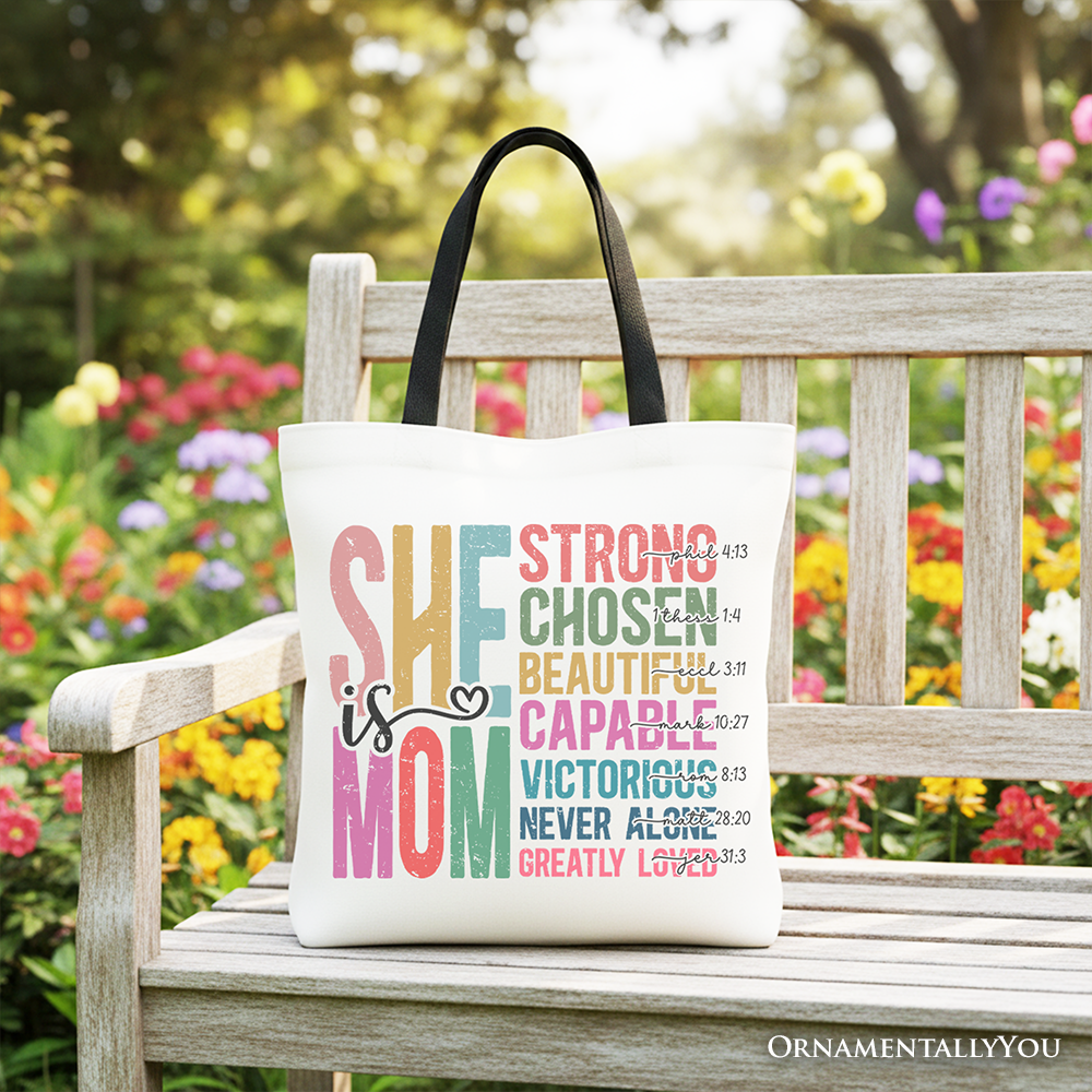 Inspirational Christian Mom Canvas Tote Bag, Affirmation Gift Shopper for Strong and Motivated Mothers