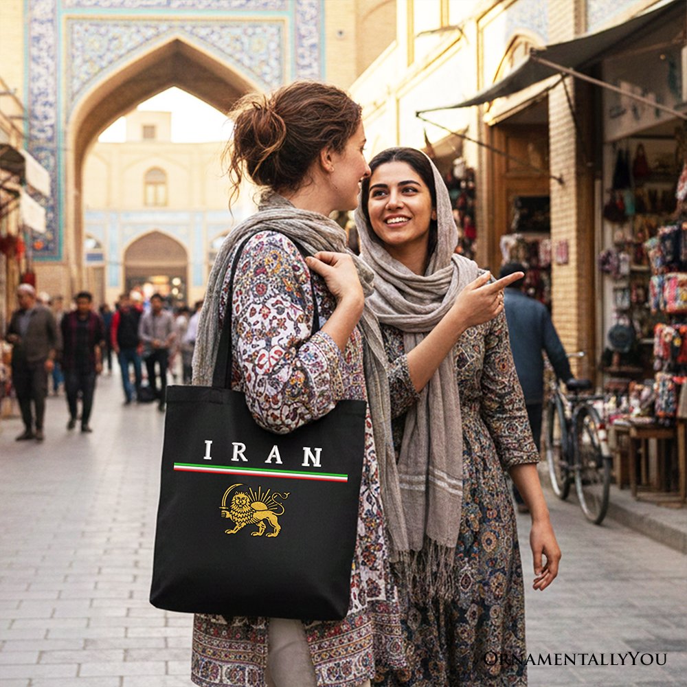Iran Lion and Sun Flag Canvas Tote Bag, Protest Persian Heritage Pride Gift Shopper OrnamentallyYou 