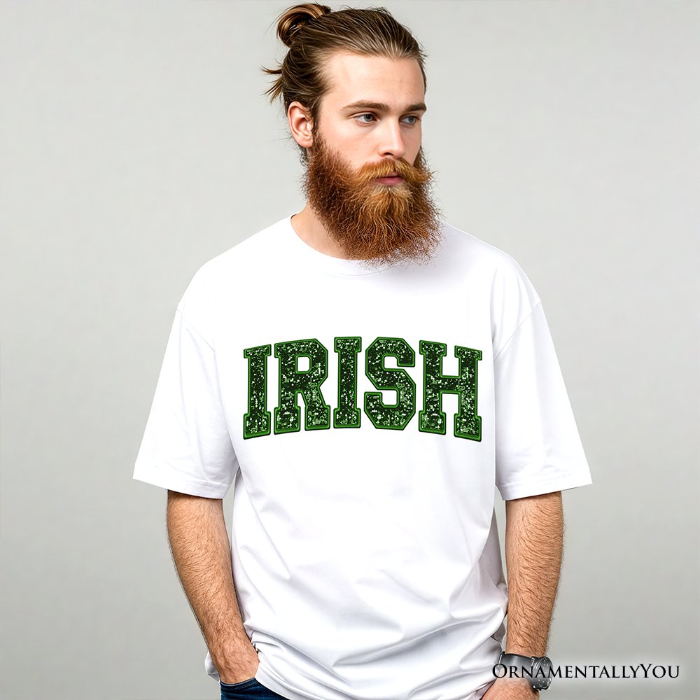 Irish Sequin St Patrick’s Day T-Shirt, Festive Green Glitter Imitation Tee T-Shirts OrnamentallyYou 