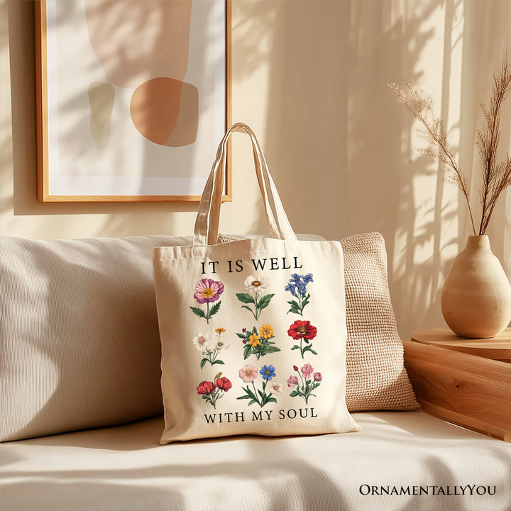 It Is Well With My Soul Christian Floral Canvas Tote Bag, Gift With Bible Verse Design