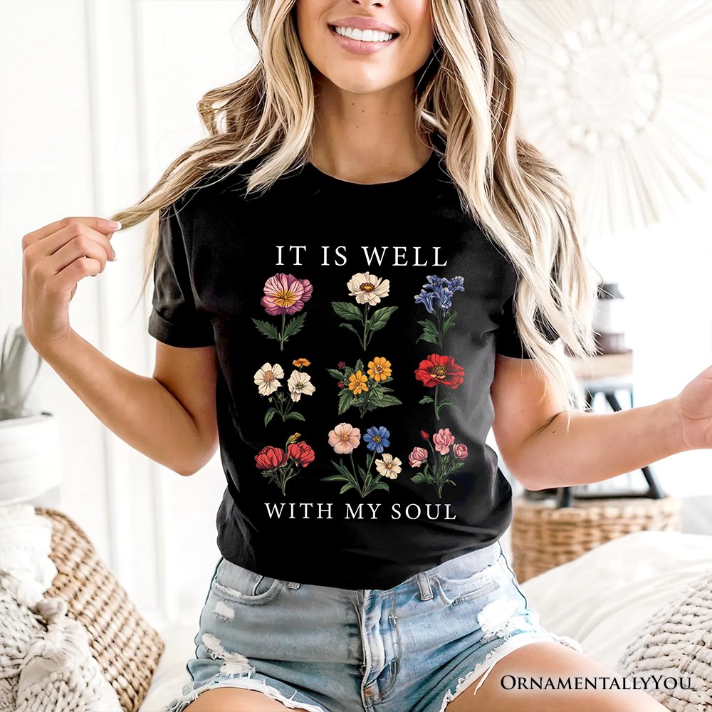 It Is Well With My Soul Christian Floral T-Shirt, Vintage Bible Verse Dark Tee T-Shirts OrnamentallyYou 
