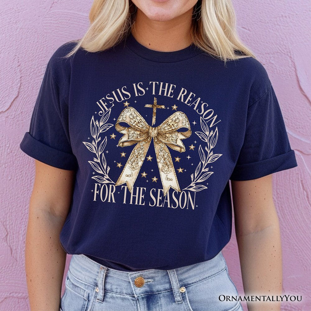 Jesus Is the Reason Christmas T‑Shirt, Coquette Gold Bow Cross Tee for Faithful Women T-Shirts OrnamentallyYou 