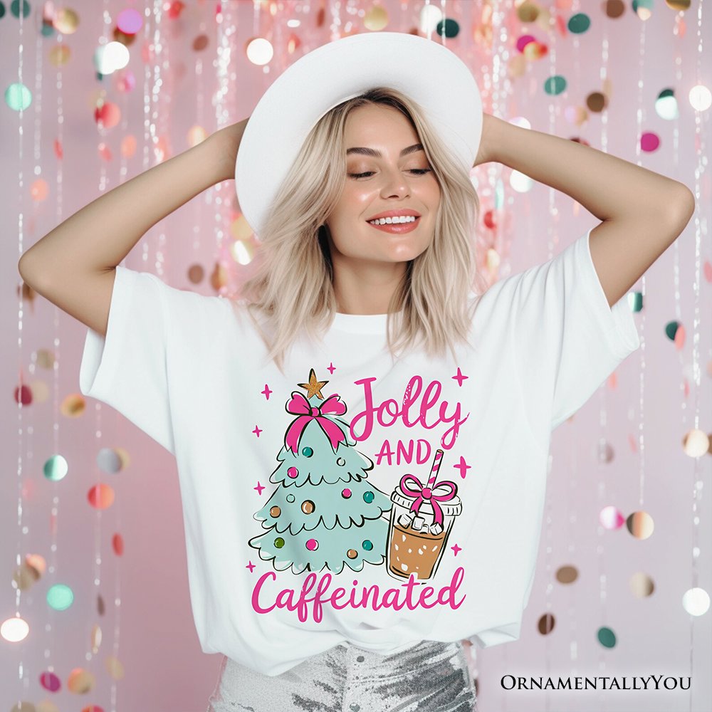 Jolly and Caffeinated Christmas Tree T-Shirt, Retro Coquette Coffee Holiday Tee T-Shirts OrnamentallyYou 