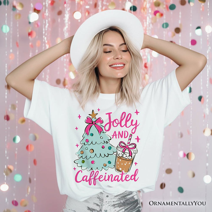 Jolly and Caffeinated Christmas Tree T-Shirt, Retro Coquette Coffee Holiday Tee T-Shirts OrnamentallyYou 