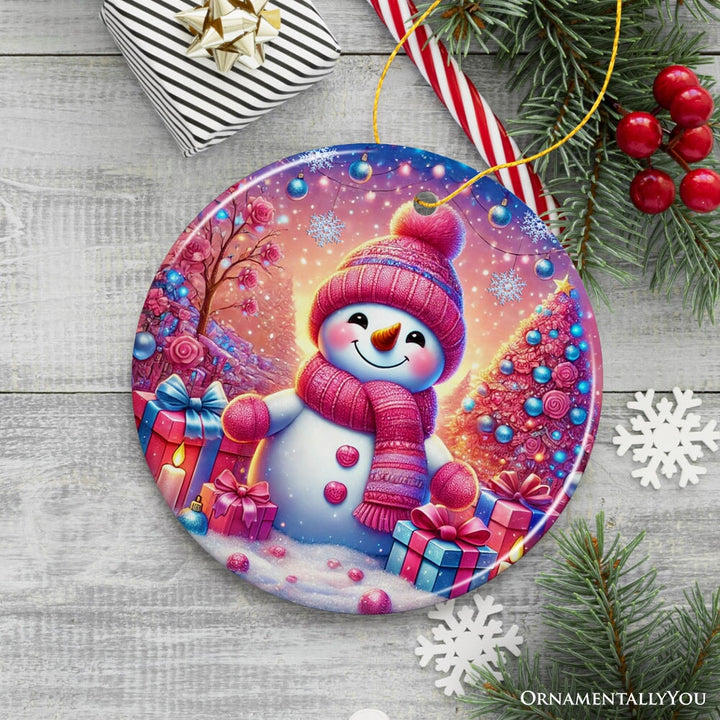 Joyful Frost Snowman Pink Themed Ornament, Festive Winter Spirit for Holiday Gift Ceramic Ornament OrnamentallyYou 
