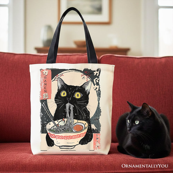 Kawaii Anime Cat Eating Ramen Canvas Tote Bag, Noodle Japanese Art Style Gift Bag Tote Bag OrnamentallyYou Black Handle 