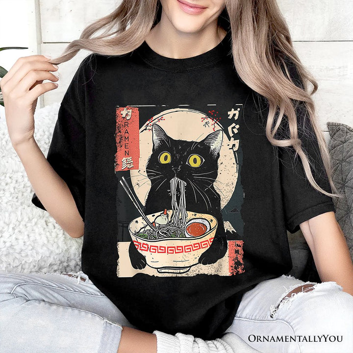 Kawaii Anime Cat Eating Ramen T-Shirt, Noodle Japanese Art Style Tee T-Shirts OrnamentallyYou 