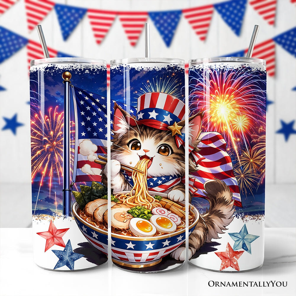 Kawaii Patriotic Ramen Maine Coon Cat 20oz Personalized Tumbler With Lid and Stainless Steel Straw, Japanese Anime Gift Cup Tumbler OrnamentallyYou Non-Customized 
