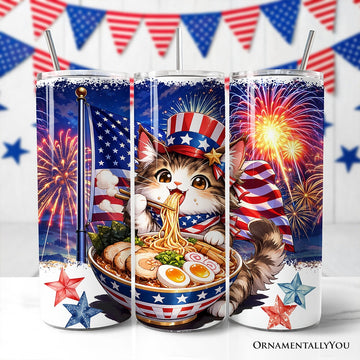 Kawaii Patriotic Ramen Maine Coon Cat 20oz Personalized Tumbler With Lid and Stainless Steel Straw, Japanese Anime Gift Cup Tumbler OrnamentallyYou Non-Customized 