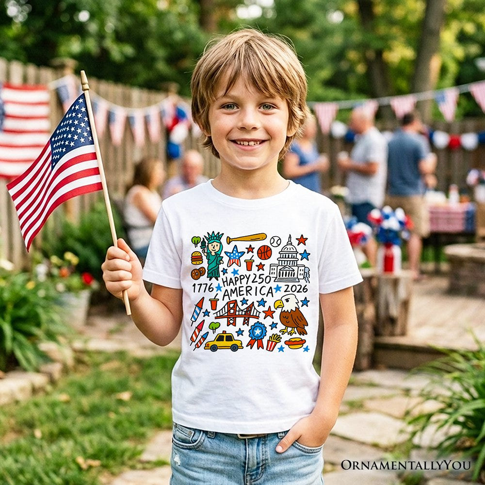 Kids Happy 250 America Doodle T-Shirt, Youth Patriotic USA 1776-2026 250th Anniversary Tee Kid's T-Shirts OrnamentallyYou 