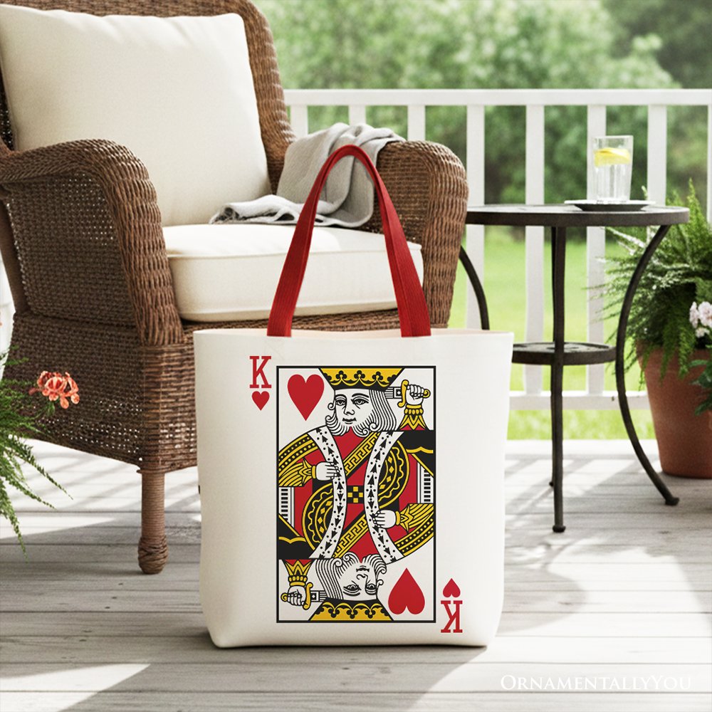 King of Hearts Card Canvas Tote Bag, Classic Retro Love Valentine Gift Bag Tote Bag OrnamentallyYou Red Handle 