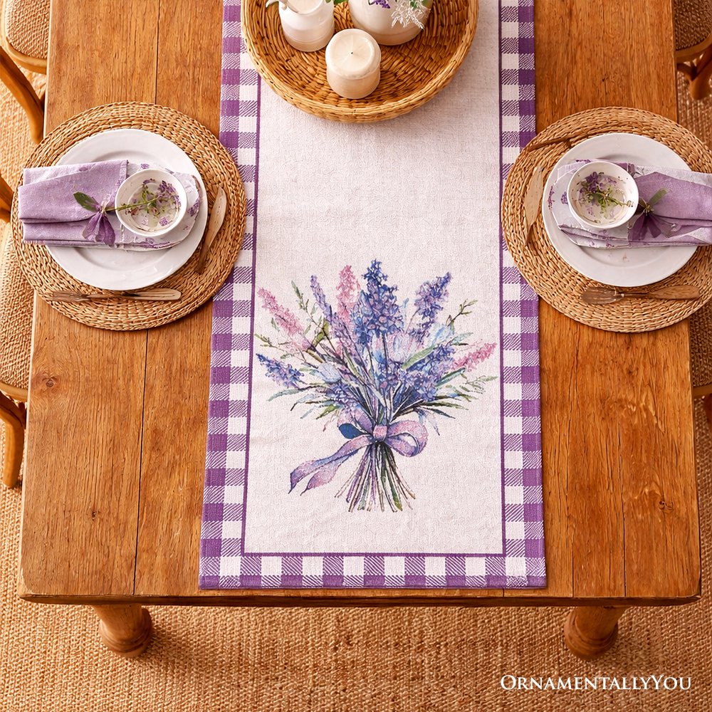 Lavender Floral 72" Jacquard Table Runner, High Quality Farmhouse Rectangle Tablecloth with Purple Flower Bouquet Table Runner OrnamentallyYou 
