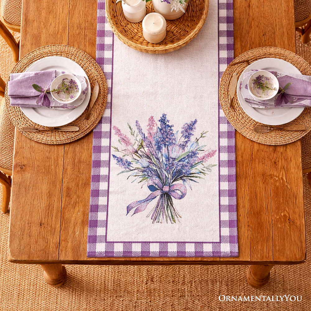 Lavender Floral 72" Jacquard Table Runner, High Quality Farmhouse Rectangle Tablecloth with Purple Flower Bouquet