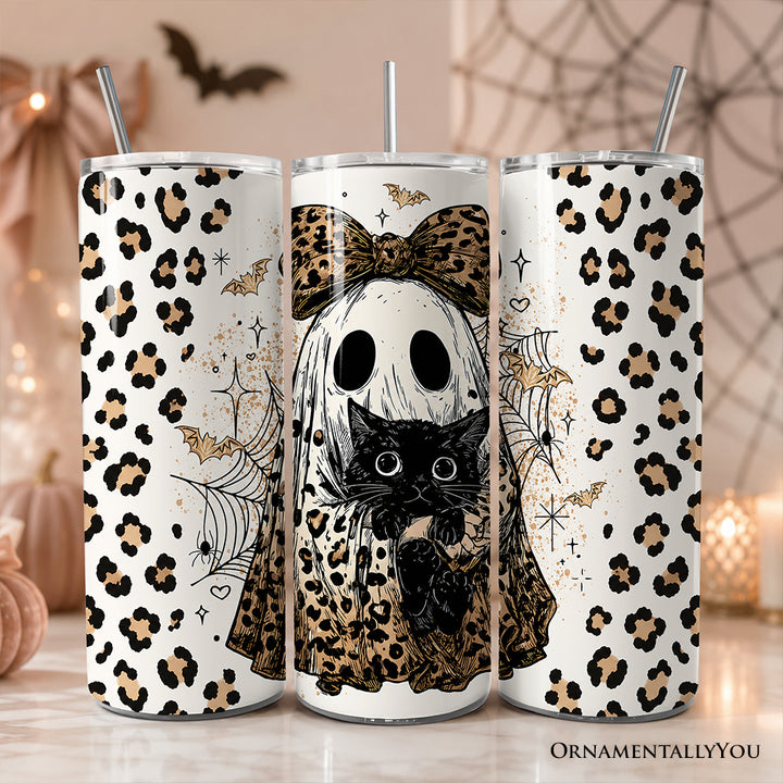 Leopard Ghost With Black Cat 20oz Personalized Tumbler With Lid and Stainless Steel Straw, Coquette Halloween Gift Cup
