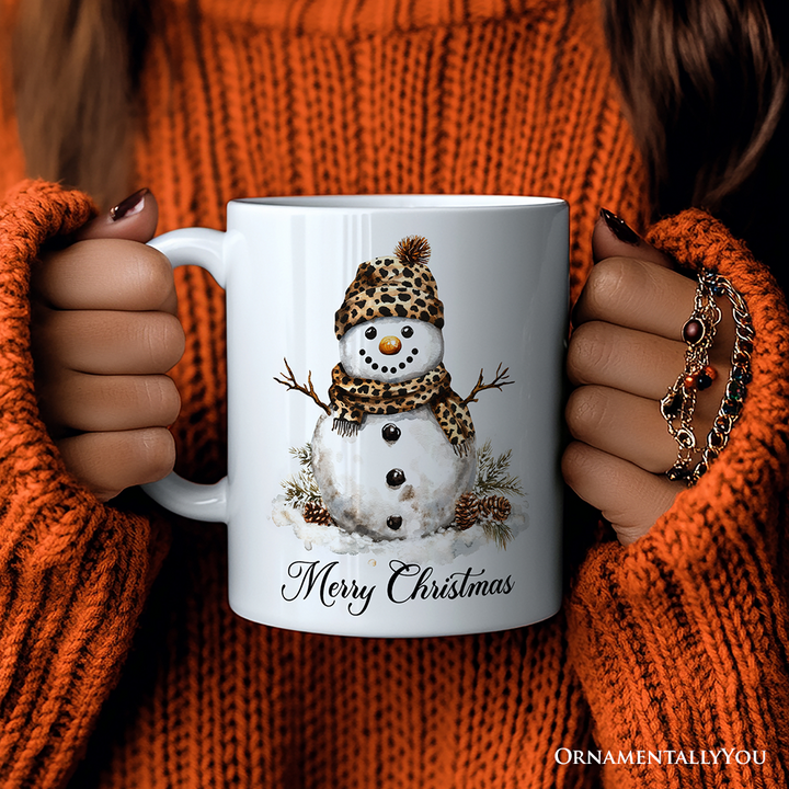 Leopard Snowman Personalized Mug, Christmas Gift With Custom Name