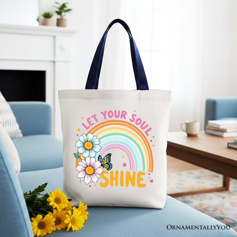 Let Your Soul Shine Rainbow Tote Bag, Retro Pastel Floral Feel Good Gift Shopper Tote Bag OrnamentallyYou Navy Handle 
