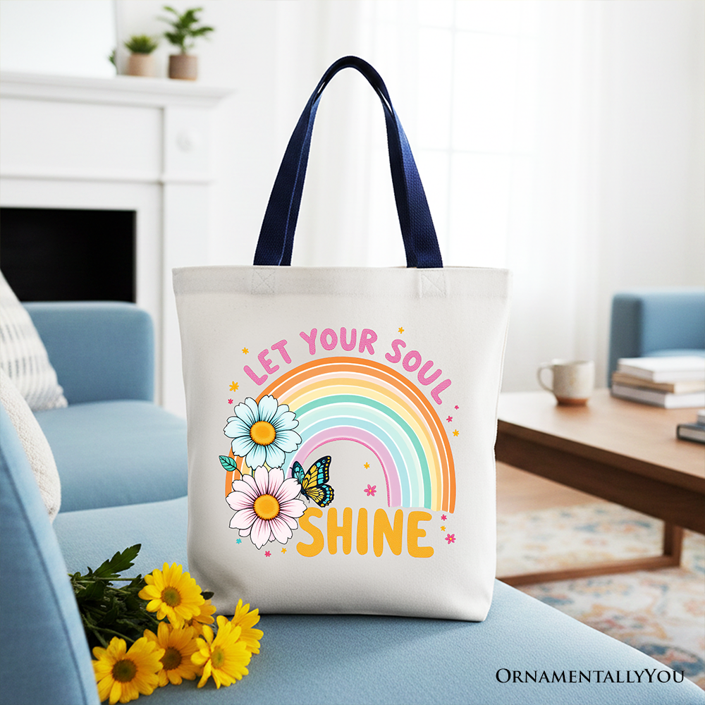 Let Your Soul Shine Rainbow Tote Bag, Retro Pastel Floral Feel Good Gift Shopper