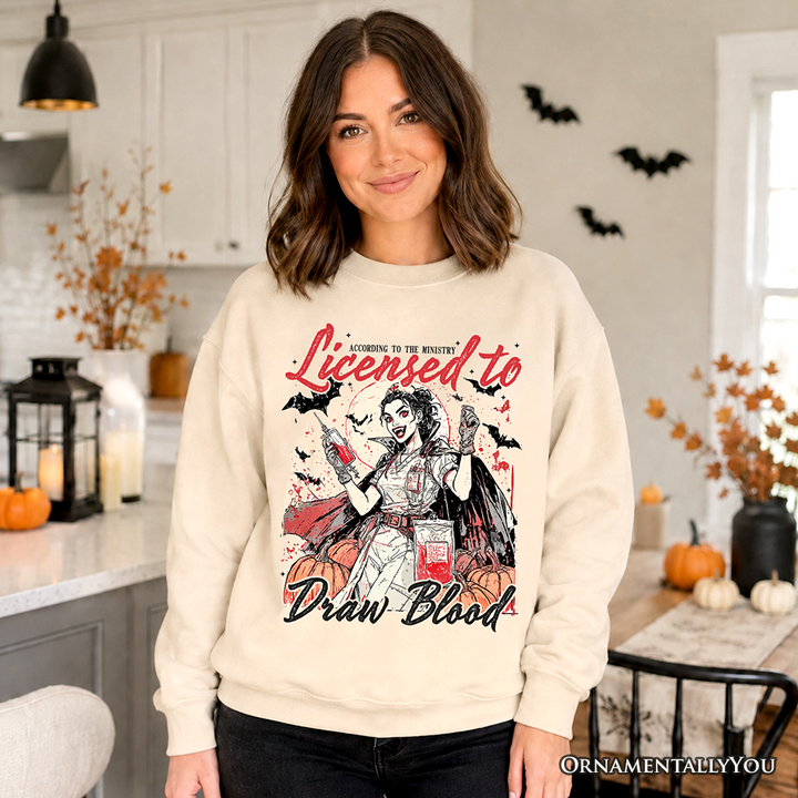 Licensed to Draw Blood Halloween Nurse Sweatshirt, Groovy Sweater for Spooky Season