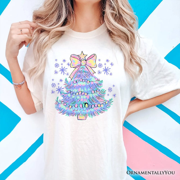 Light Blue Christmas Tree Bow T-Shirt, Coquette Colorful Holiday Tee T-Shirts OrnamentallyYou 