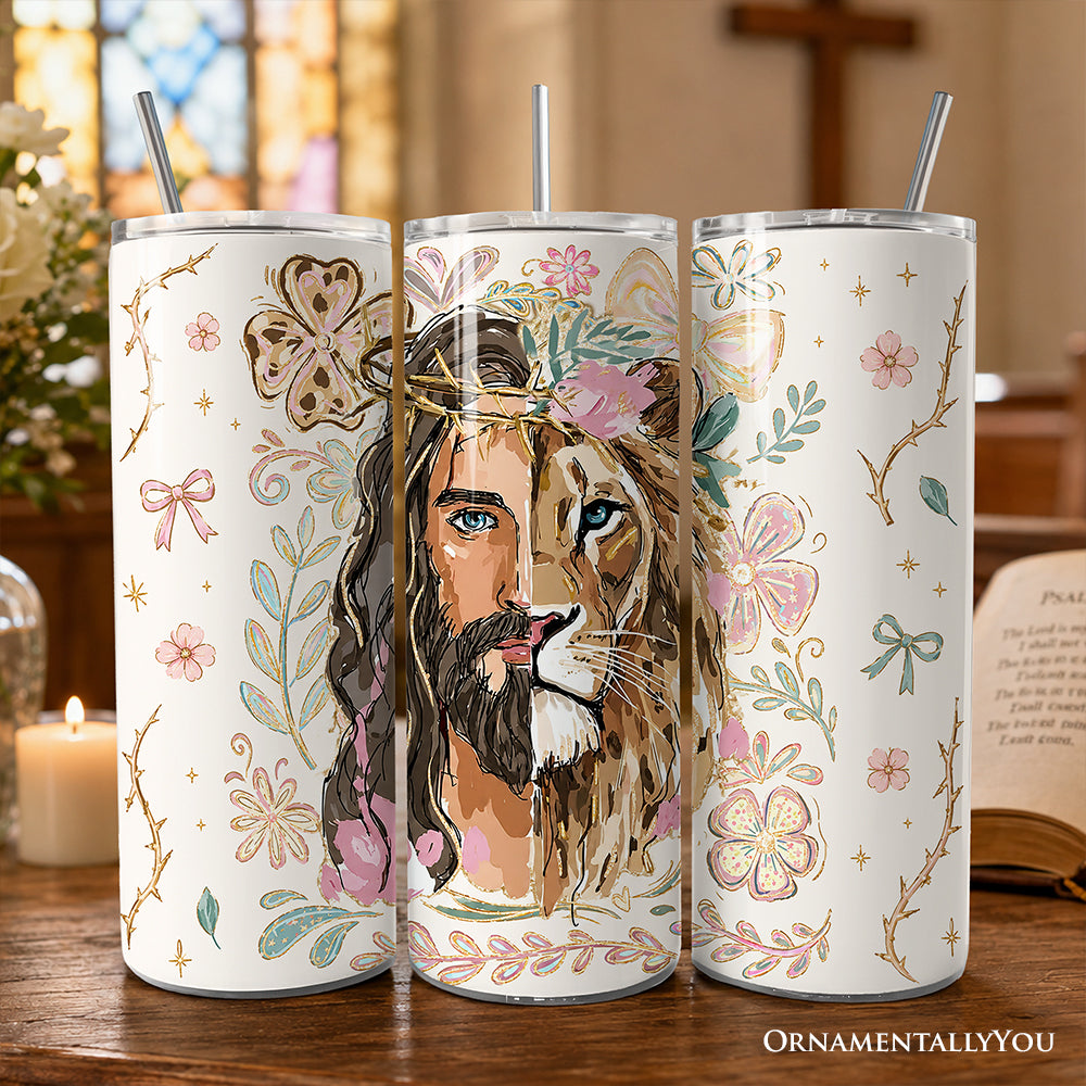 Lion of Judah Christian 20oz Personalized Tumbler With Lid and Stainless Steel Straw, Floral Jesus Religious Faith Gift Cup