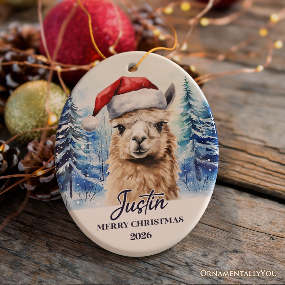 Llama with Santa Hat Personalized Ornament, Winter Forest Christmas Gift With Custom Name and Date Ceramic Ornament OrnamentallyYou Oval 