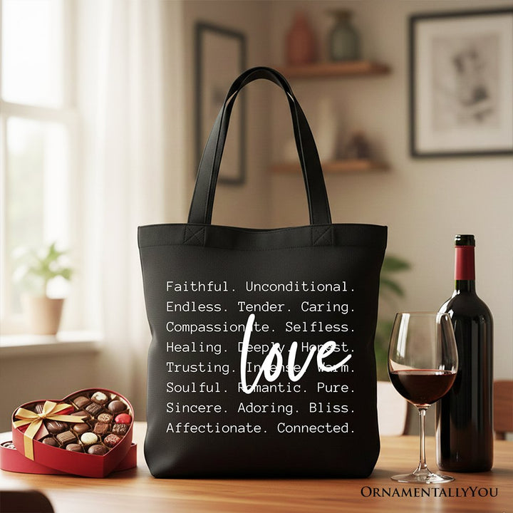 Love Definition Words Canvas Tote Bag, Minimalist Valentine Inspirational Love Gift Shopper Tote Bag OrnamentallyYou Black 