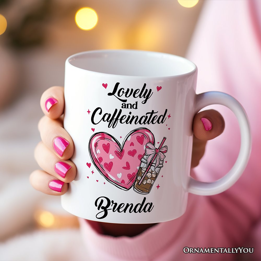 Lovely And Caffeinated Personalized Mug, Valentine Heart Coquette Bow Coffee Lover Gift With Custom Name Personalized Ceramic Mug OrnamentallyYou 