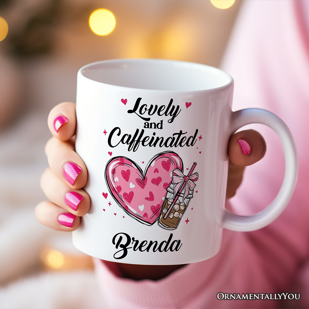 Lovely And Caffeinated Personalized Mug, Valentine Heart Coquette Bow Coffee Lover Gift With Custom Name