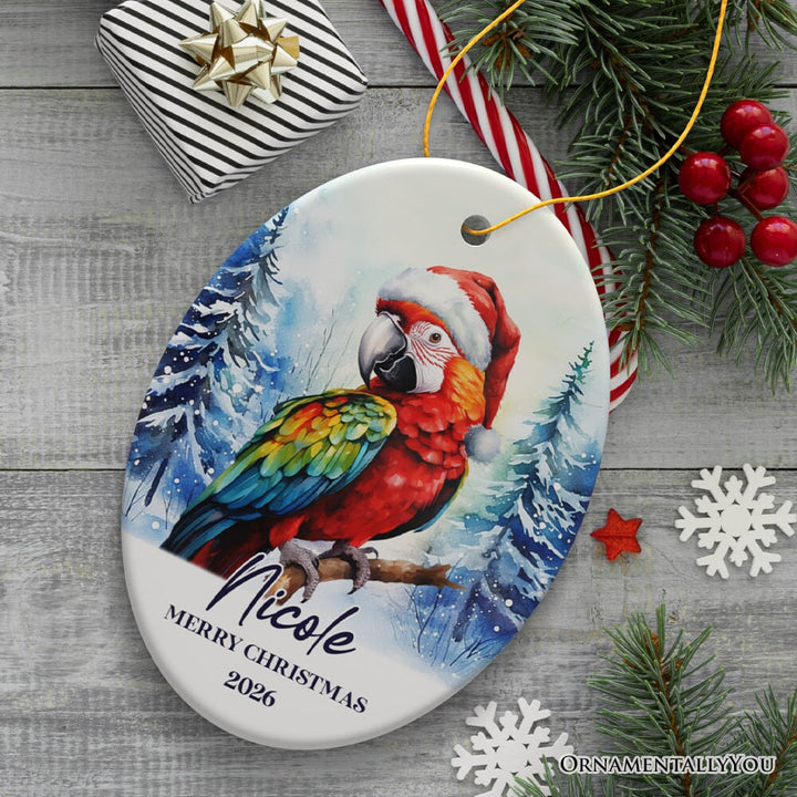 Macaw Parrot with Santa Hat Personalized Ornament, Winter Forest Christmas Gift With Custom Name and Date Ceramic Ornament OrnamentallyYou 