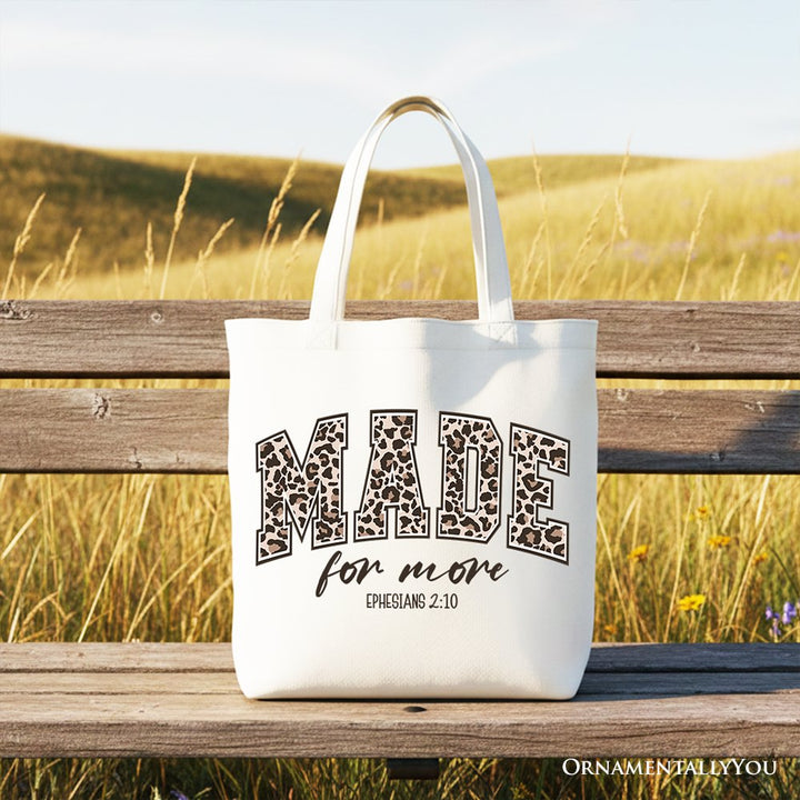 Made For More Christian Canvas Tote Bag, Ephesians 2:10 Leopard Faith Bible Verse Easter Gift Shopper Tote Bag OrnamentallyYou White 