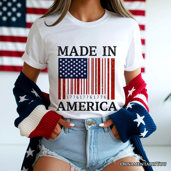 Made In America Bar Code Flag T-Shirt, Patriotic 1776 USA 250th Anniversary Tee