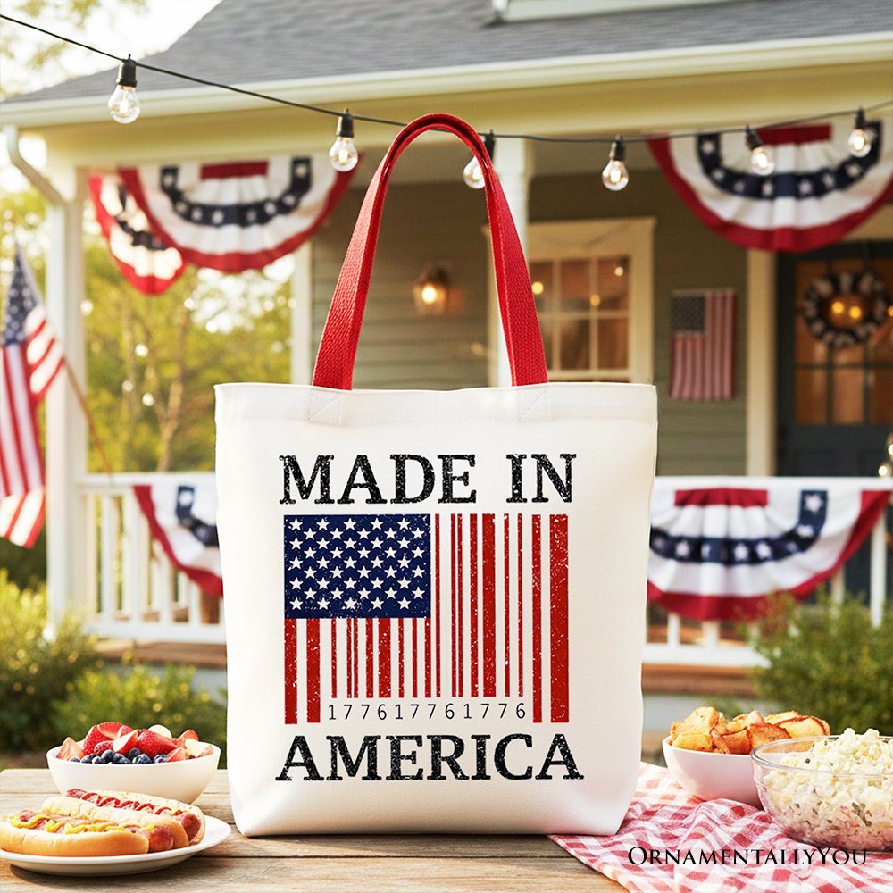 Made In America Bar Code Flag Tote Bag, Patriotic 1776 USA 250th Anniversary Gift Shopper Tote Bag OrnamentallyYou Red Handle 