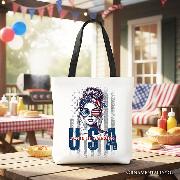 Made in America Messy Bun Tote Bag, Retro 4th of July White Patriotic Gift Shopper Tote Bag OrnamentallyYou Black Handle 