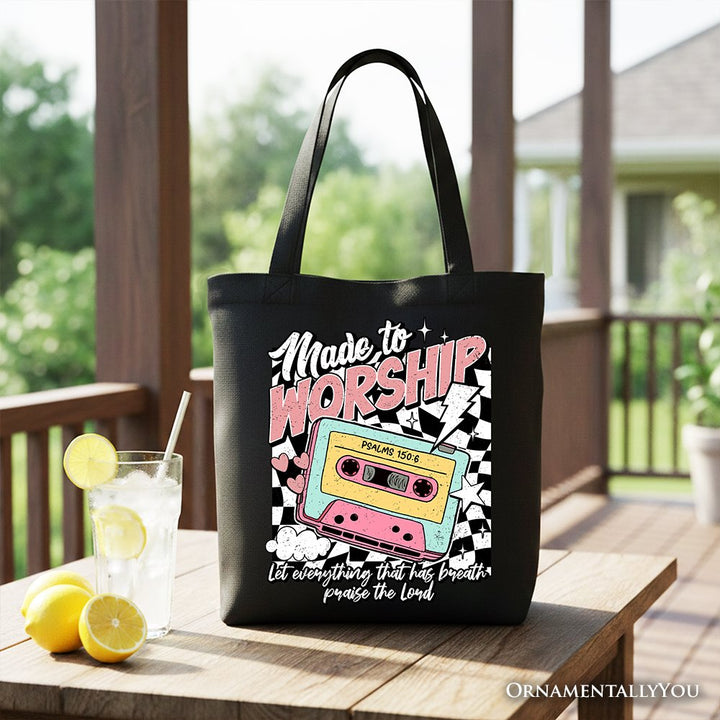 Made to Worship Christian Retro Tote Bag, Psalm 150:6 Bible Verse Gift Shopper Tote Bag OrnamentallyYou Black 