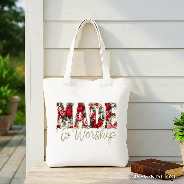Made to Worship Printed Faux Yarn Crochet Christian Tote Bag, Floral Retro Faith Gift Shopper Tote Bag OrnamentallyYou White 
