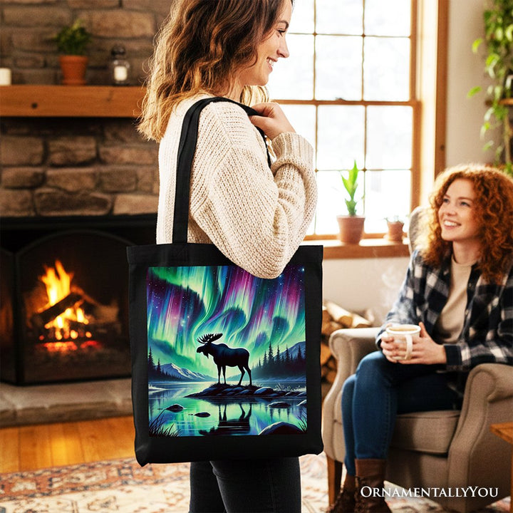Majestic Moose Under Northern Lights Canvas Tote Bag, Gift Shopper for Enchanted Christmas Tote Bag OrnamentallyYou 