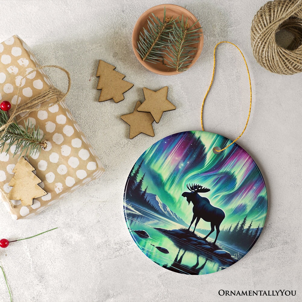 Majestic Moose Under Northern Lights Ornament, Gift for Enchanted Christmas Ceramic Ornament OrnamentallyYou 