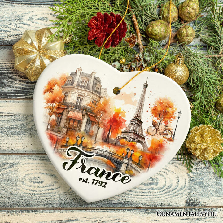 Majestic Vintage Fall Themed France Christmas Ornament, French Souvenir with Watercolor Eiffel Tower Painting Ceramic Ornament OrnamentallyYou 