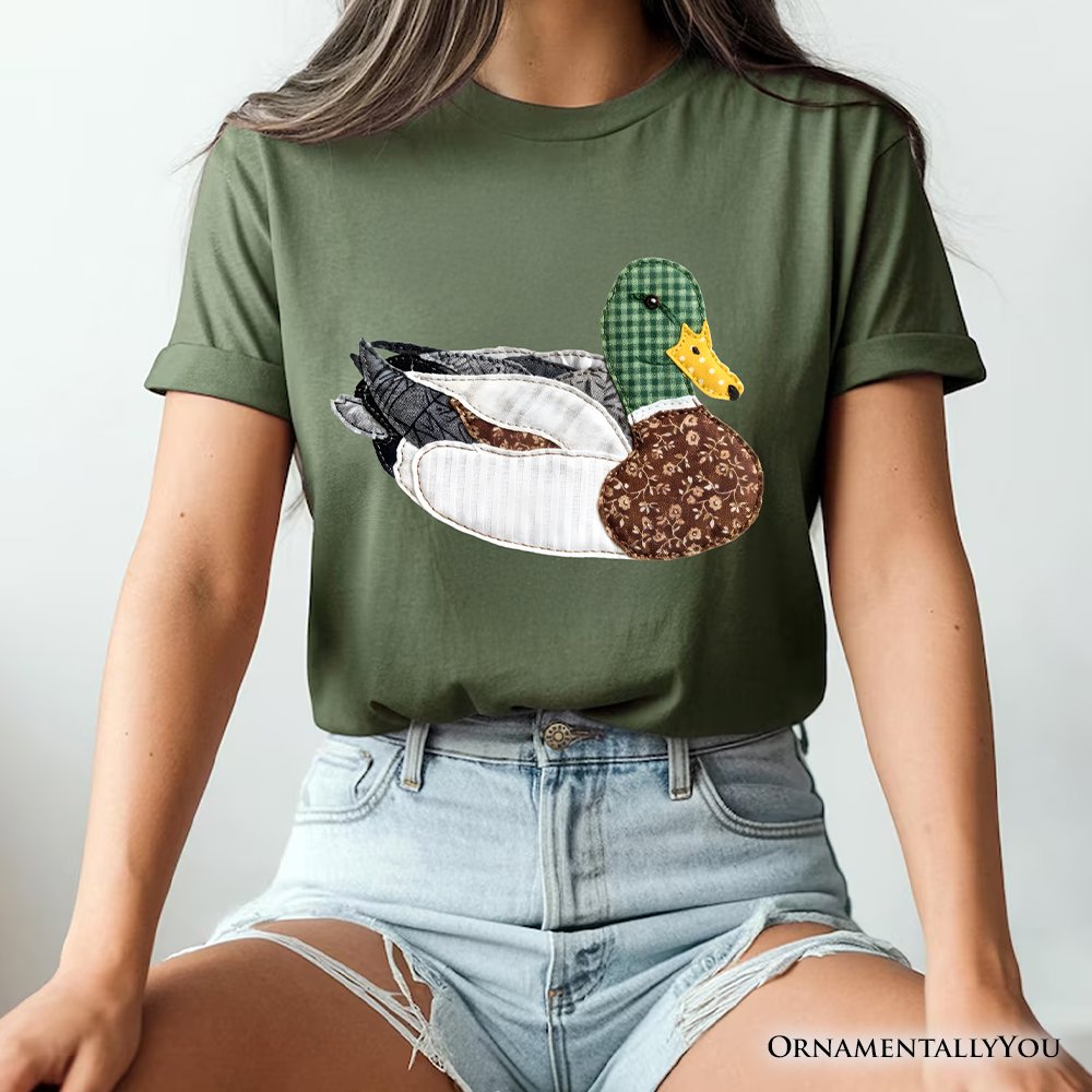 Mallard Duck Printed Faux Patchwork T-Shirt, Hunting Outdoors Tee T-Shirts OrnamentallyYou 